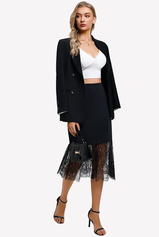 Black lace half slip underskirt with fitted waist and lace ruffle hem detail.