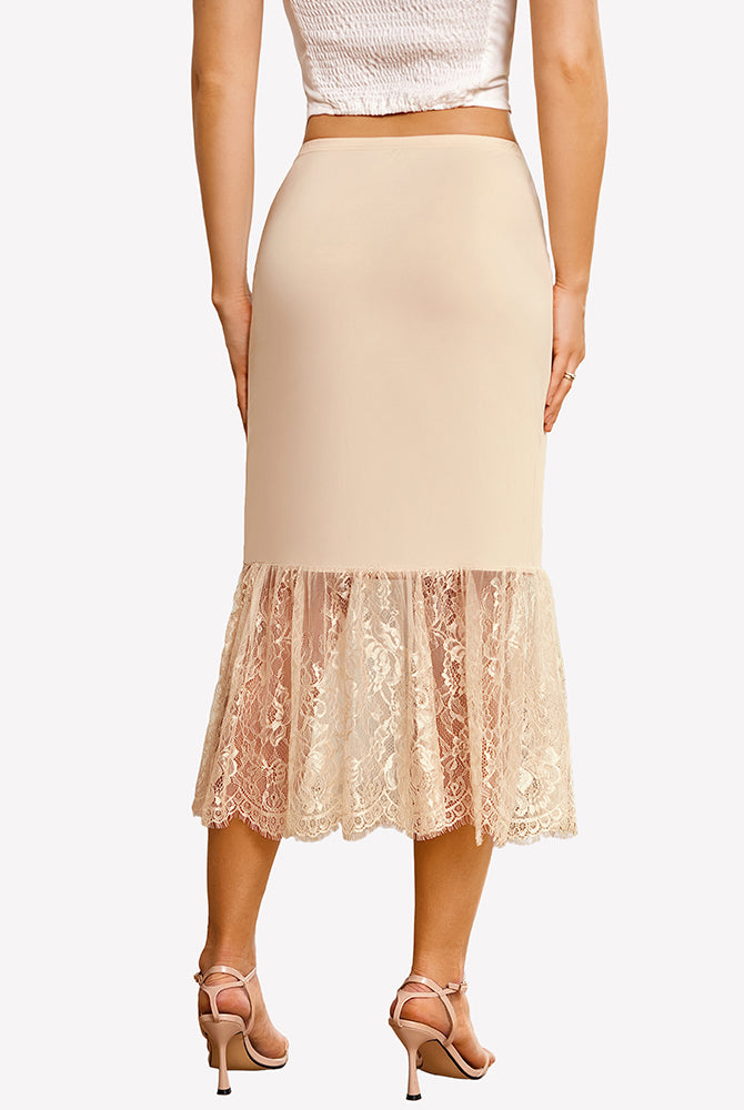 Light beige lace half slip underskirt with straight midi fit and scalloped lace hem.