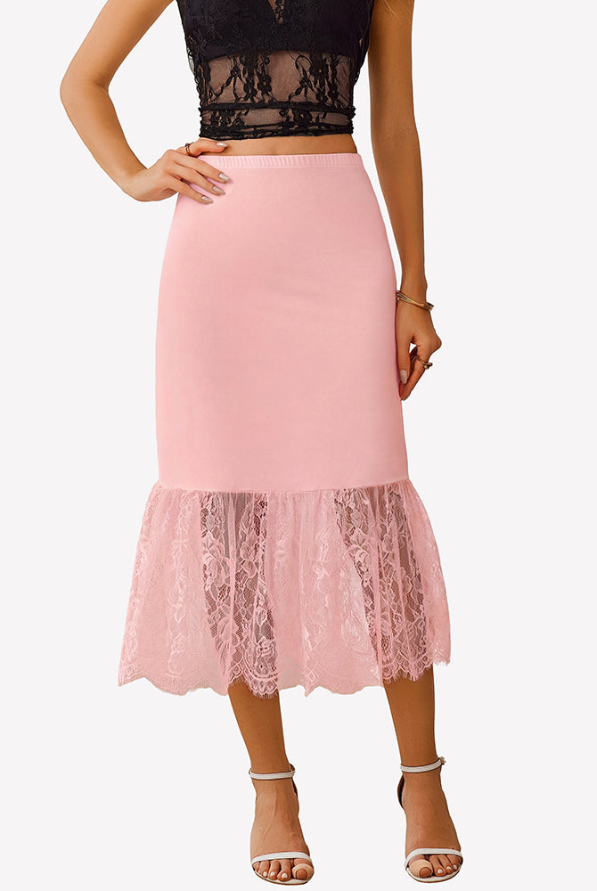 Pink lace half slip underskirt with straight midi shape and scalloped lace ruffle hem.