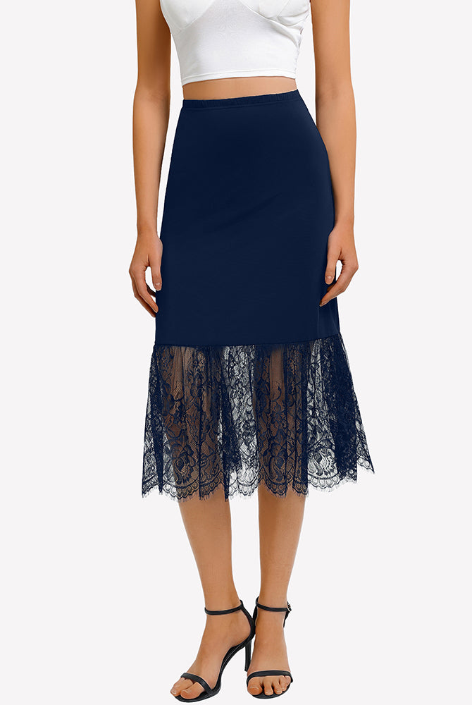 Navy lace half slip underskirt with straight midi fit and layered lace hem.