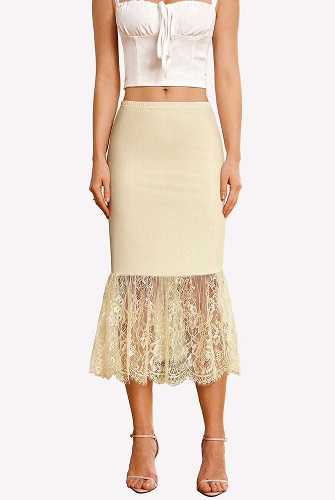 Champagne lace half slip underskirt with fitted waist and lace scallop hem.