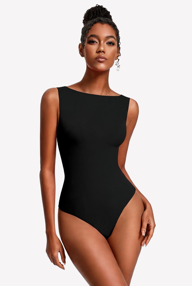Double-lined black boat neck bodysuit, sleeveless with high-cut leg openings