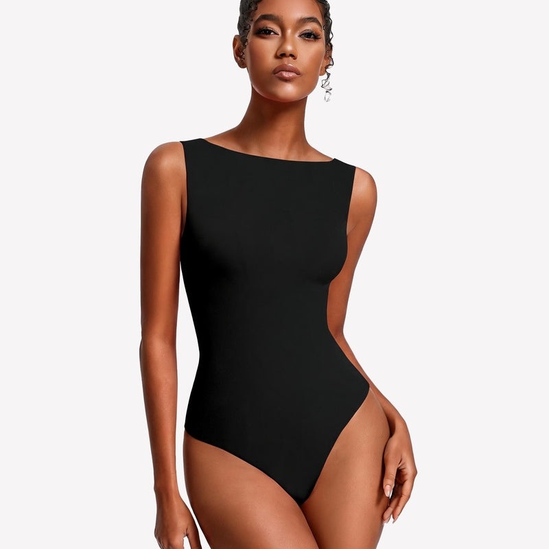 Double-lined black boat neck bodysuit, sleeveless with high-cut leg openings