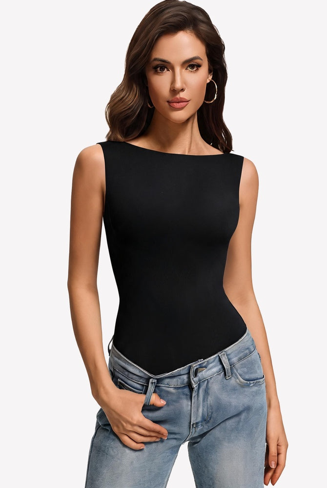 Double-lined black boat neck bodysuit, sleeveless fitted high-cut legs