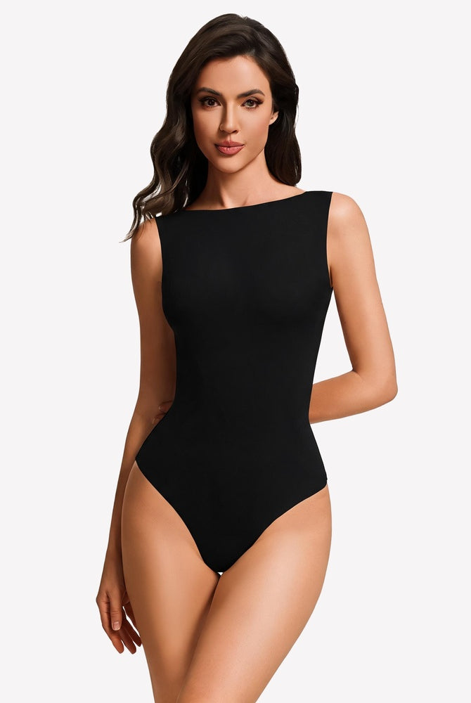 Double-lined black boat neck bodysuit, sleeveless fitted silhouette