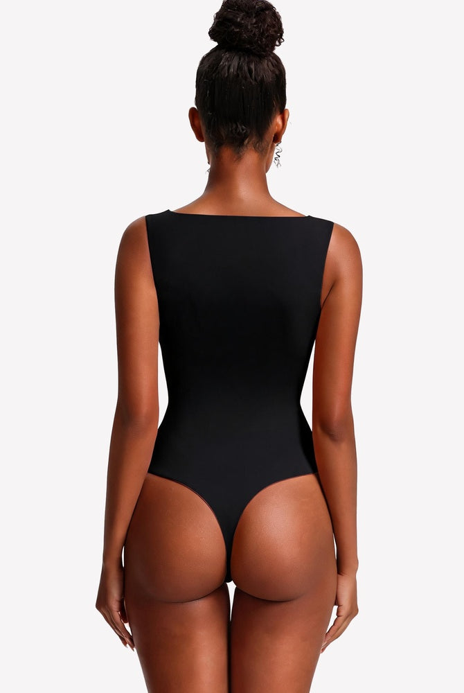 Double-lined black bodysuit, sleeveless boat neck; back view with full coverage
