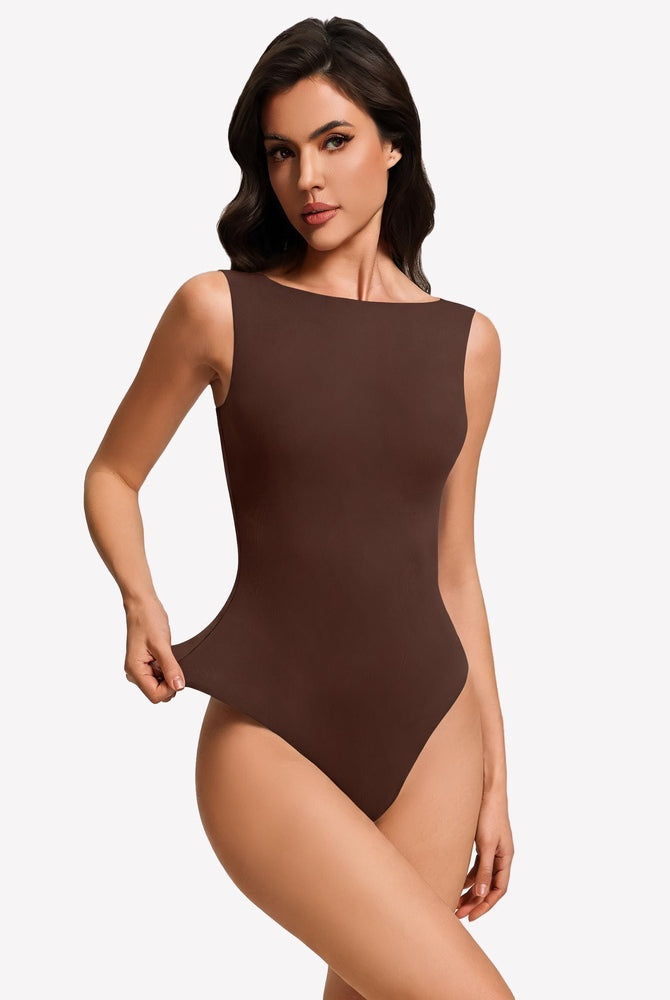 Double-lined brown boat neck bodysuit, sleeveless fitted silhouette
