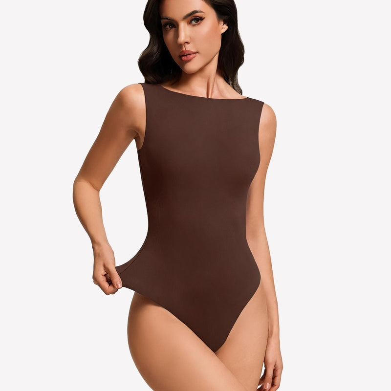 Double-lined brown boat neck bodysuit, sleeveless fitted silhouette