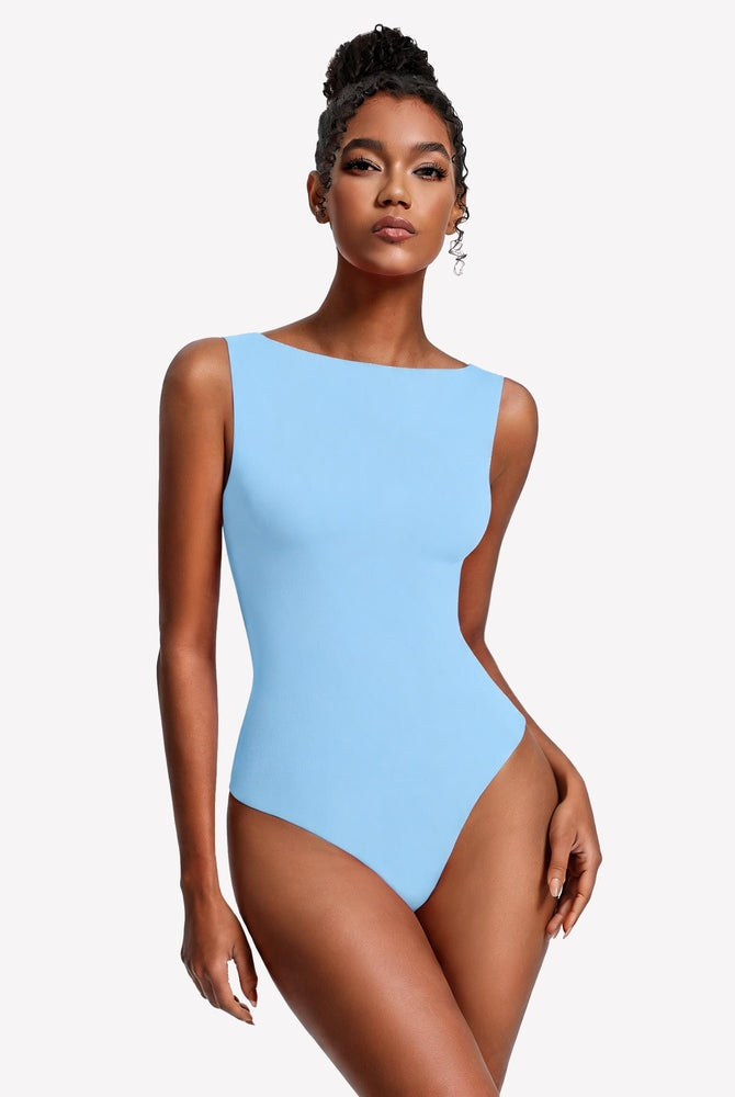 Double-lined light blue boat neck bodysuit, sleeveless fitted high-cut legs