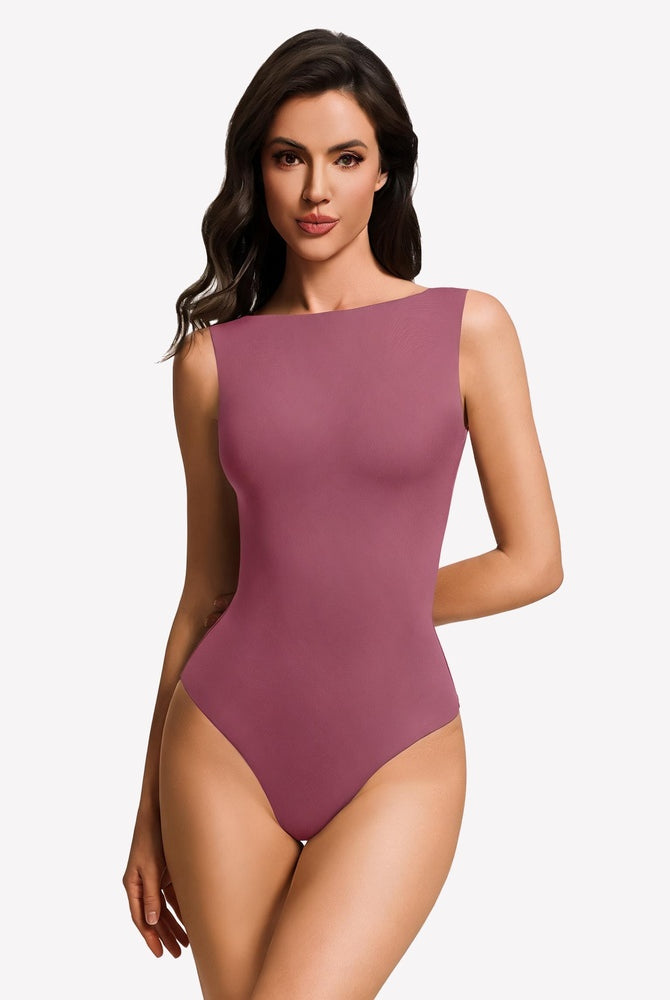 Double-lined mauve boat neck bodysuit, sleeveless fitted silhouette
