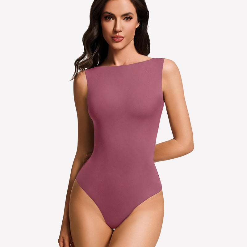 Double-lined mauve boat neck bodysuit, sleeveless fitted silhouette