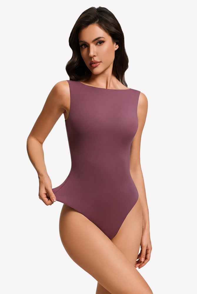 Double-lined mauve boat neck bodysuit, sleeveless fitted high-cut legs