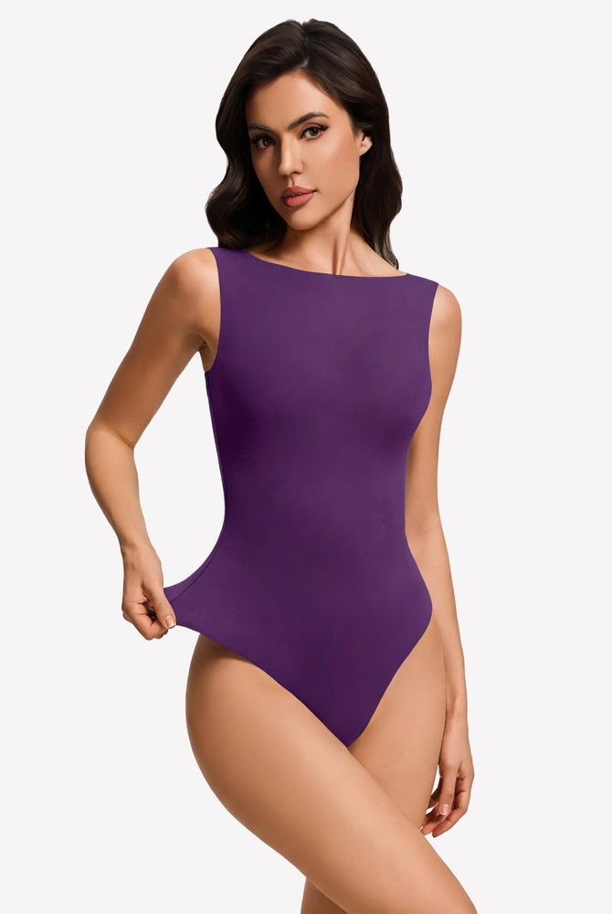 Double-lined purple boat neck bodysuit, sleeveless fitted silhouette