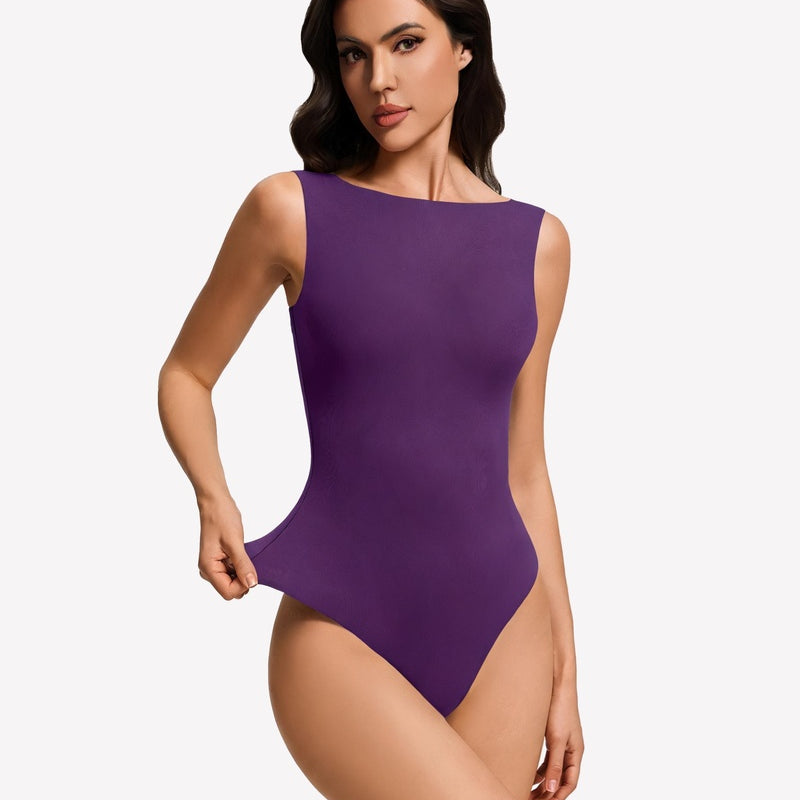 Double-lined purple boat neck bodysuit, sleeveless fitted silhouette