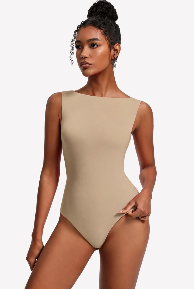 Double-lined nude boat neck bodysuit, sleeveless fitted silhouette