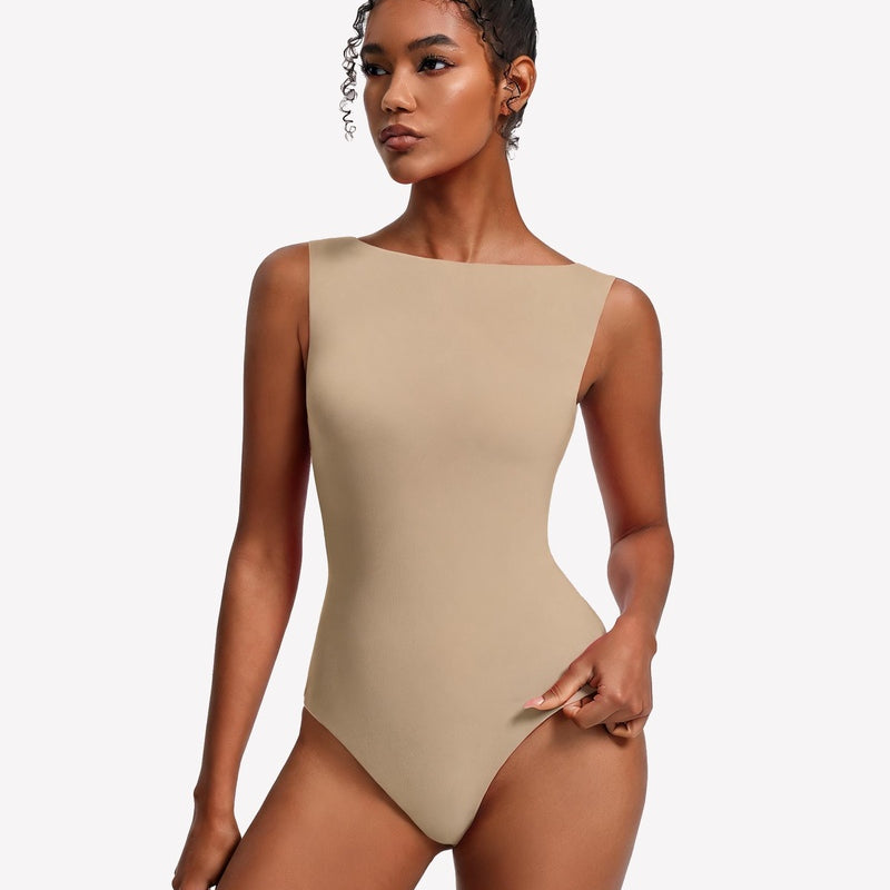 Double-lined nude boat neck bodysuit, sleeveless fitted silhouette