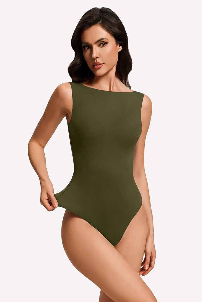 Double-lined boat neck bodysuit, olive green sleeveless one-piece.