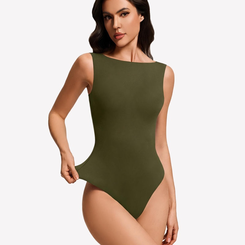 Double-lined boat neck bodysuit, olive green sleeveless one-piece.