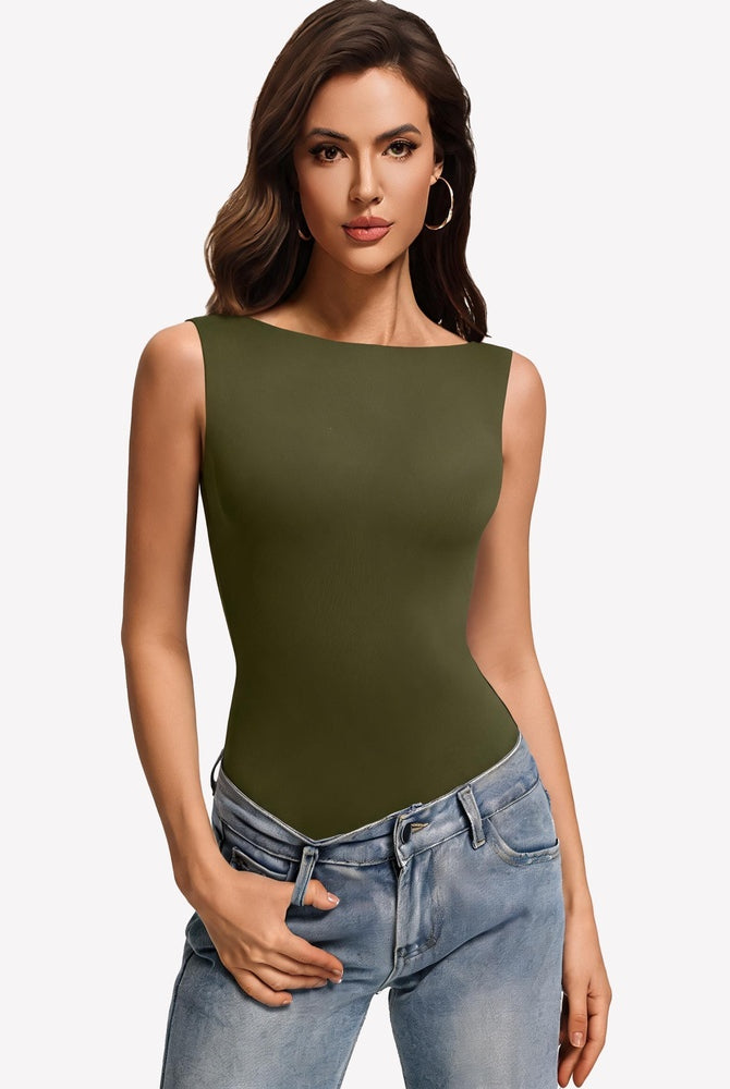 Double-lined boat neck bodysuit, olive green sleeveless one-piece.