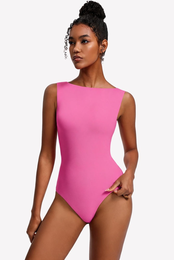 Double-lined boat neck bodysuit, bright pink sleeveless one-piece.