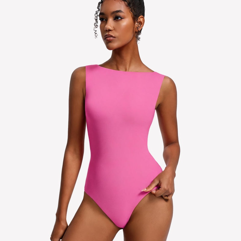 Double-lined boat neck bodysuit, bright pink sleeveless one-piece.
