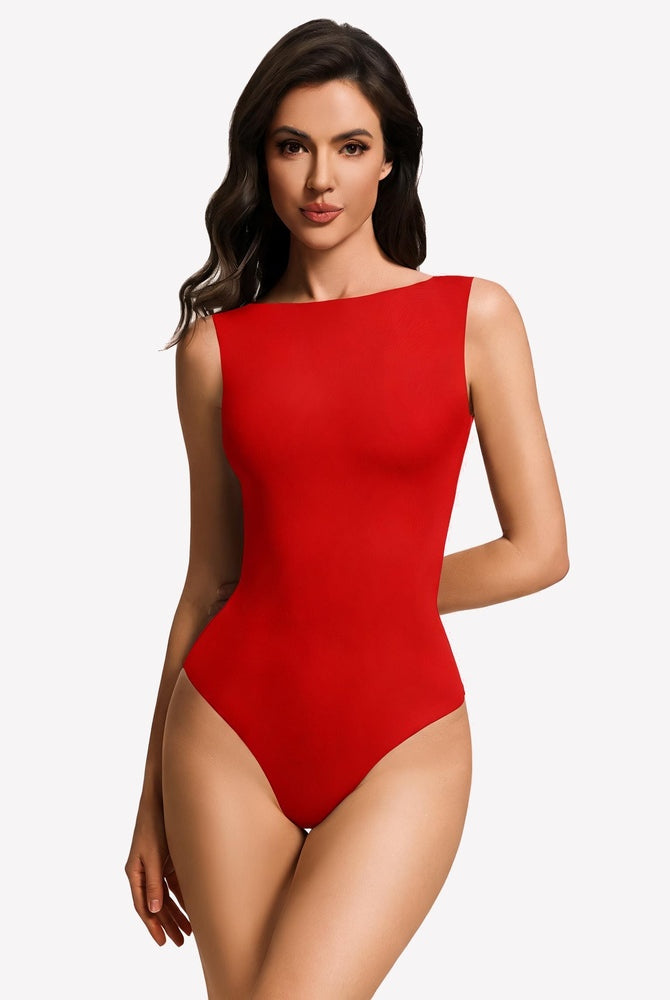 Double-lined boat neck bodysuit, red sleeveless one-piece with high leg.