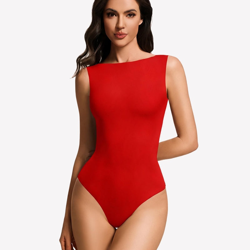 Double-lined boat neck bodysuit, red sleeveless one-piece with high leg.