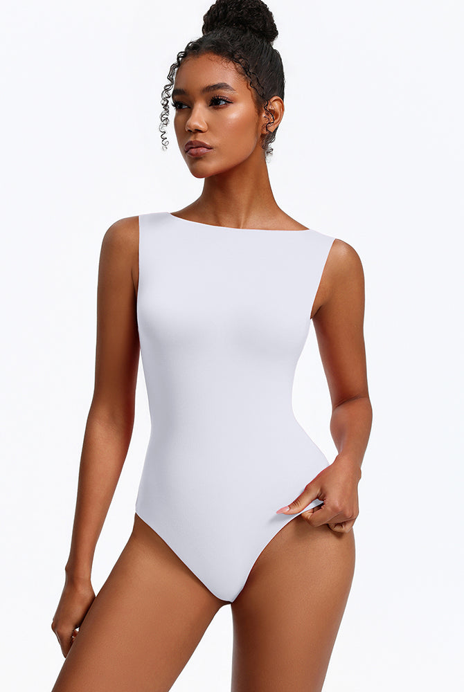 Double-lined boat neck bodysuit, white sleeveless one-piece.