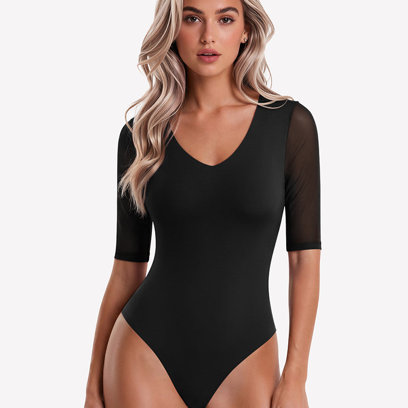 Black deep V neck seamless mesh thong bodysuit with elbow-length sleeves