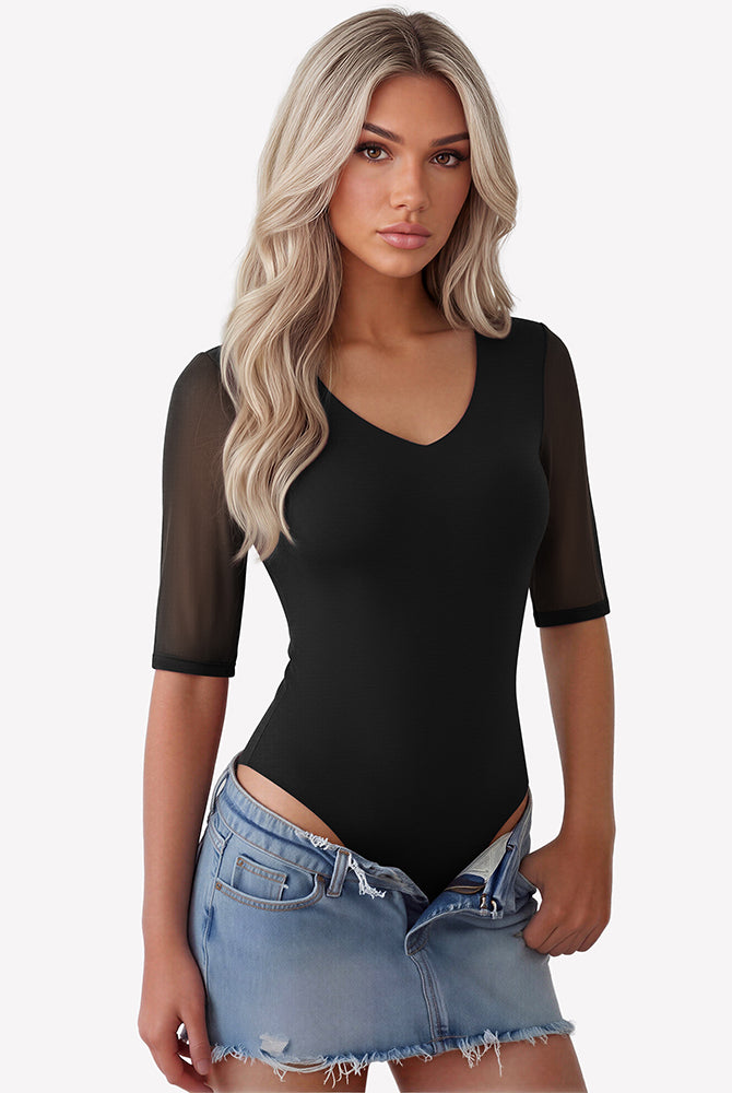 Black deep V neck seamless mesh thong bodysuit with elbow-length sleeves, front view