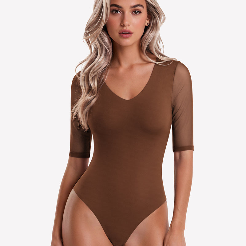 Brown deep V neck seamless mesh thong bodysuit with elbow-length sleeves