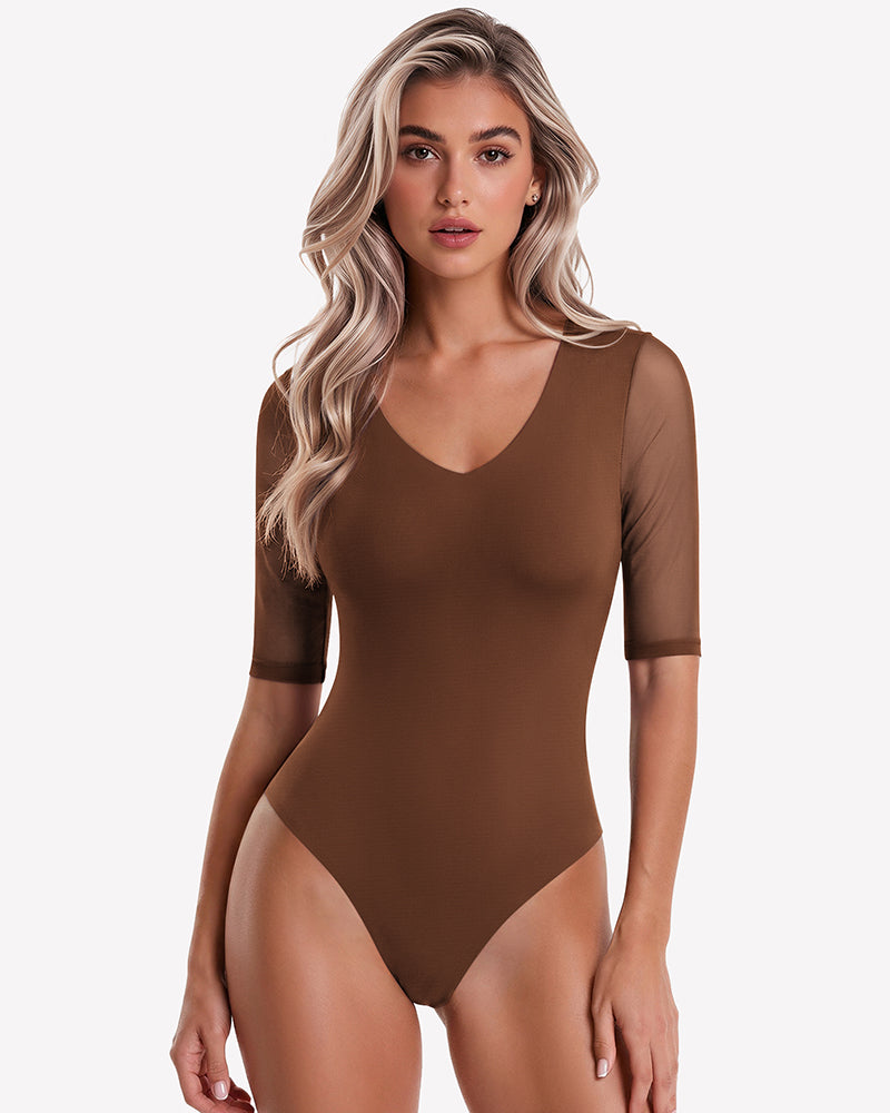 Brown deep V neck seamless mesh thong bodysuit with elbow-length sleeves