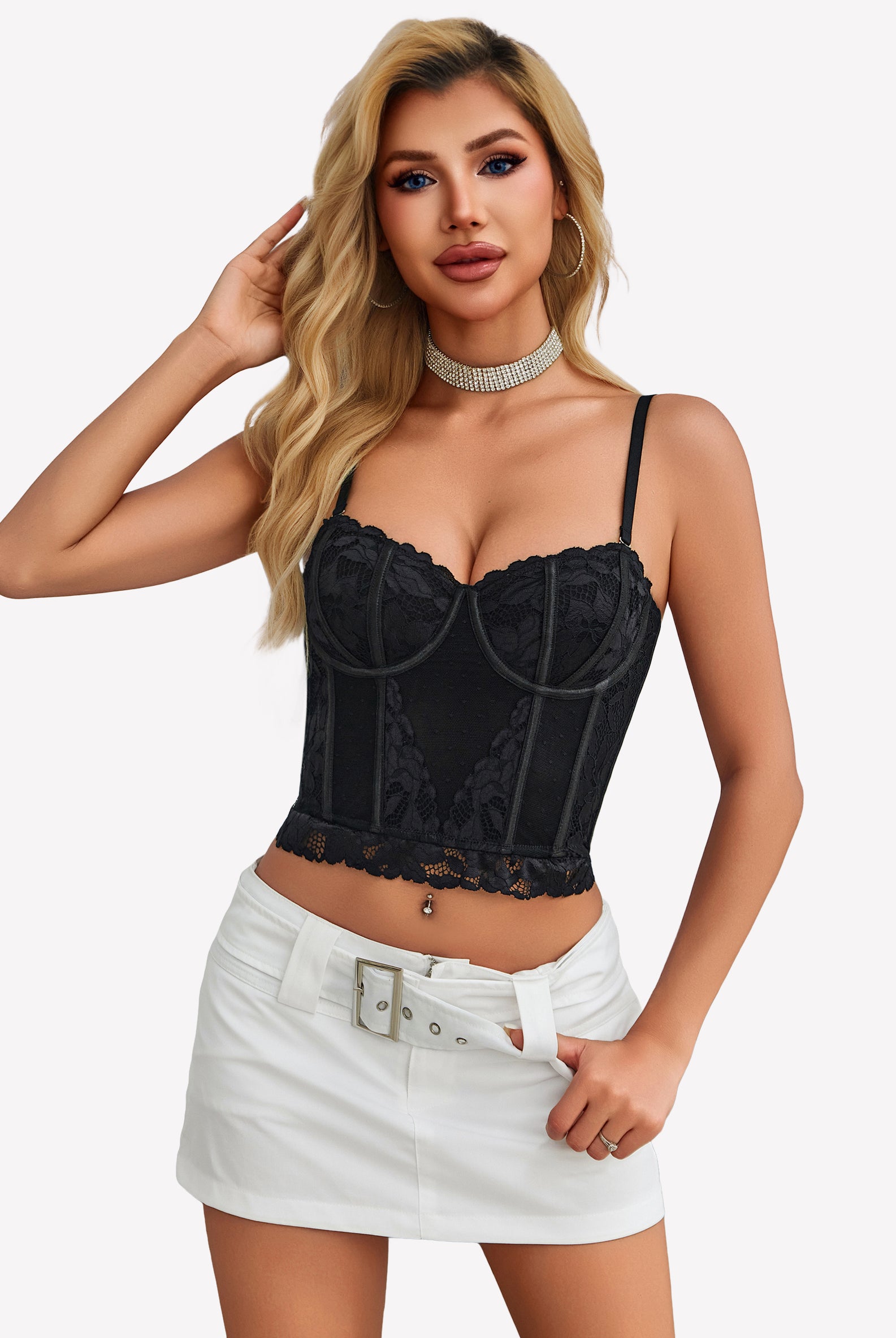 Black lace corset bustier crop top with underwire cups and scalloped hem