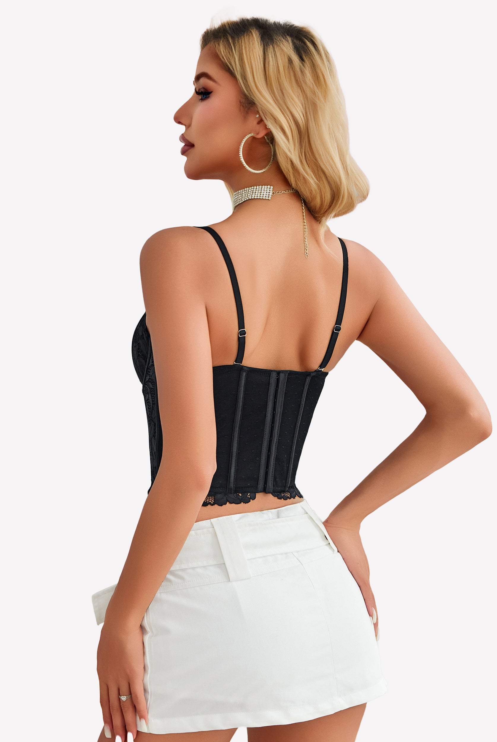 Black lace corset bustier crop top, open-back style with lace scallop edging