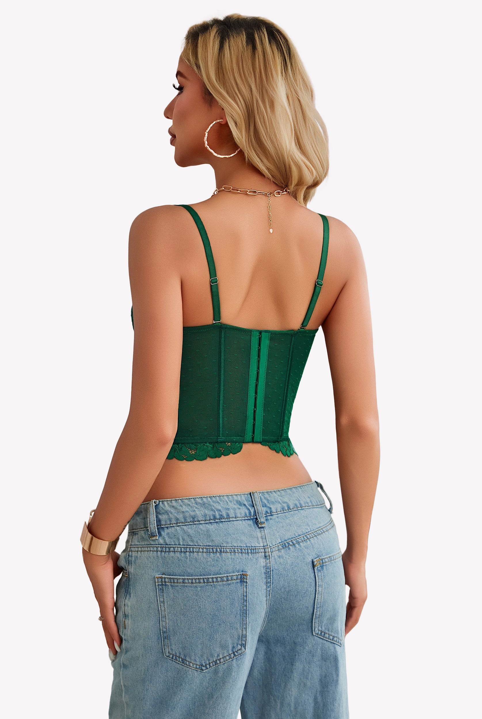 Green lace corset bustier crop top, back view with spaghetti straps and lace trim