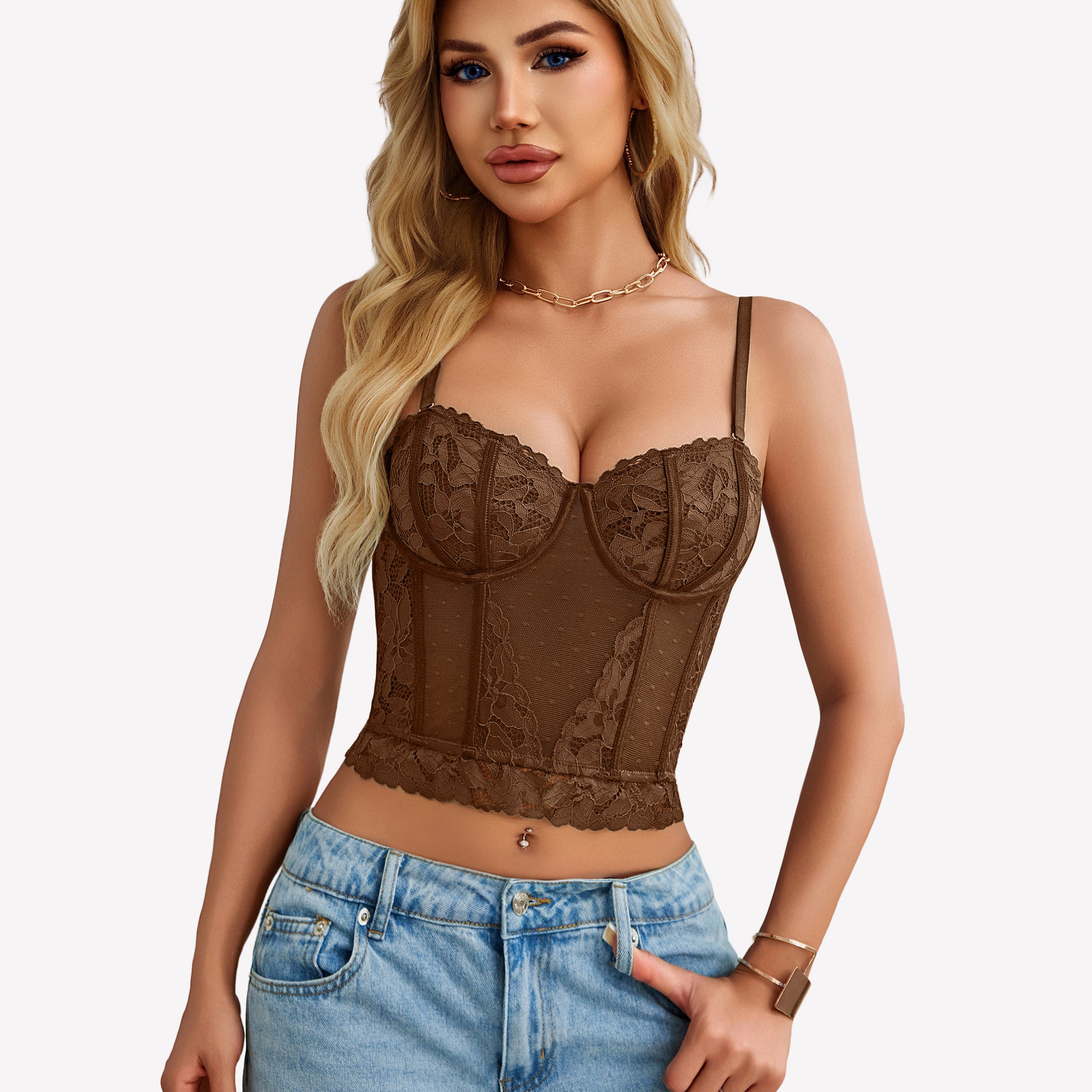 Brown lace corset bustier crop top with underwire cups and lace panel detailing