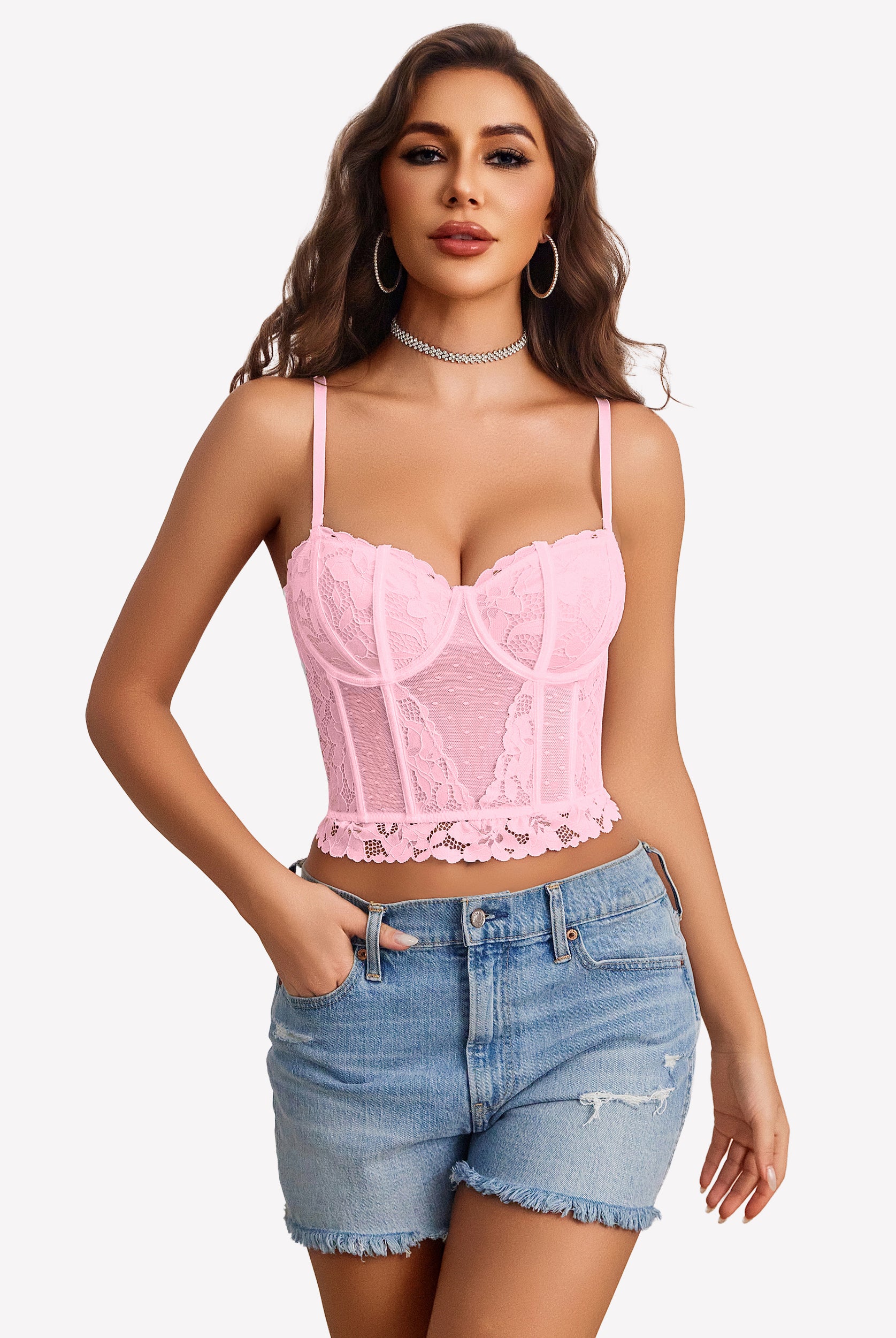 Pink lace corset bustier crop top with underwire cups and scalloped lace hem