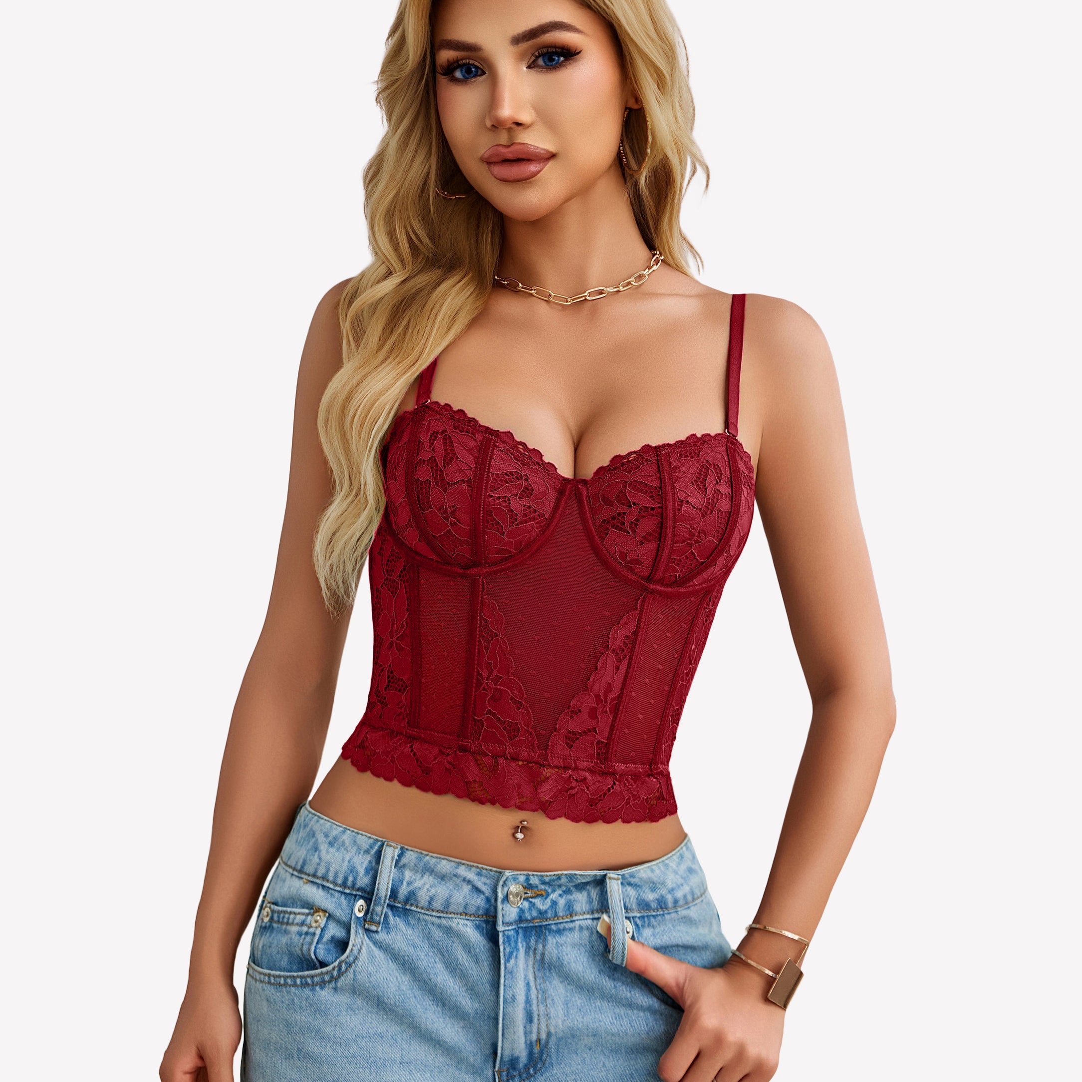 Wine red lace corset bustier crop top with underwire cups and lace panel detailing