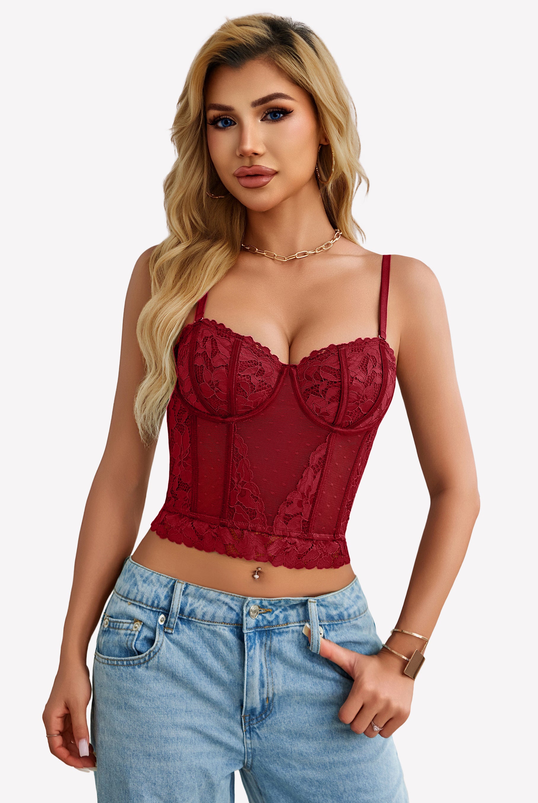 Wine red lace corset bustier crop top with underwire cups and lace panel detailing