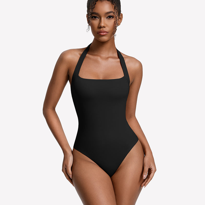 Square-neck halter bodysuit thong, black double-lined