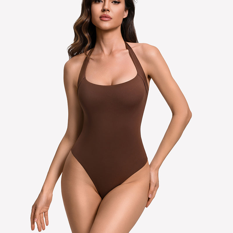 Square-neck halter bodysuit thong, brown double-lined