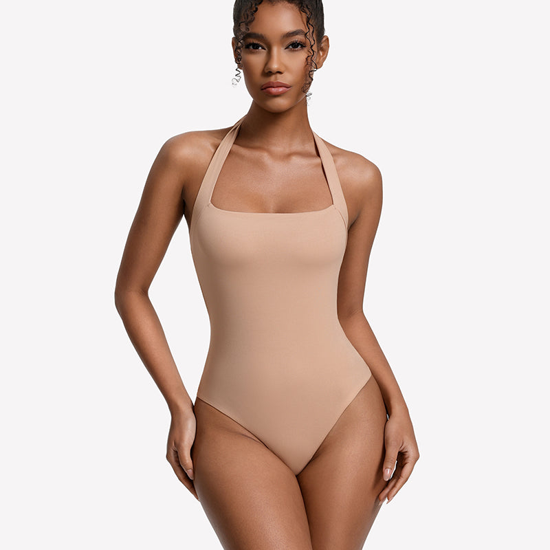 Square-neck halter bodysuit thong, beige double-lined