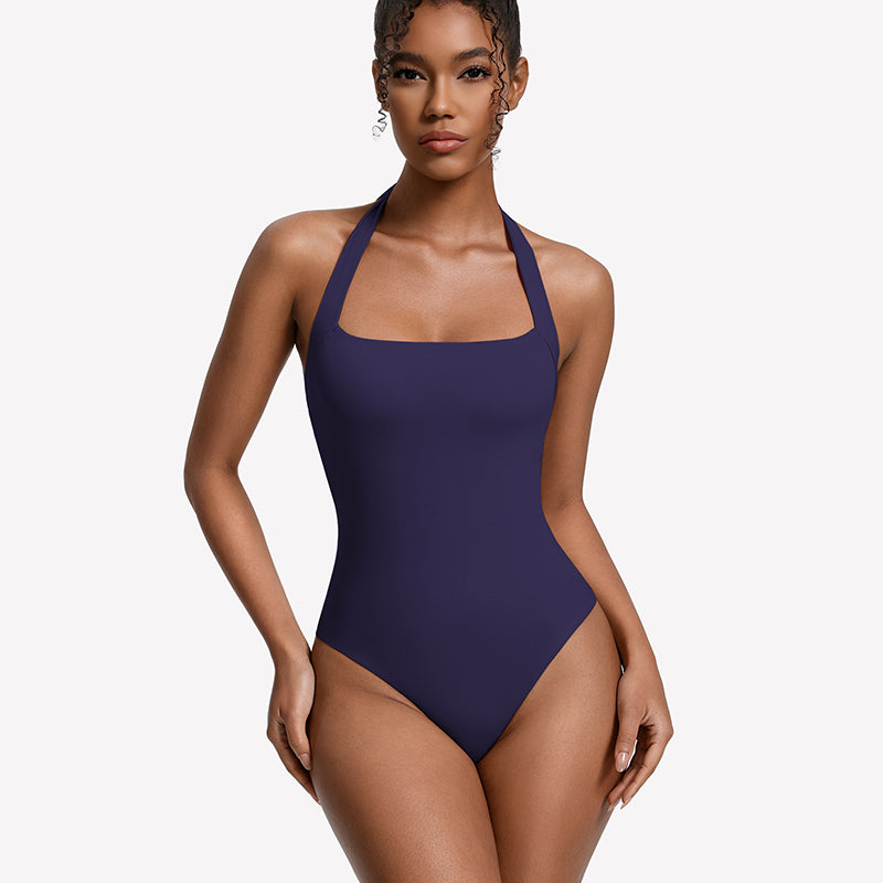 Square-neck halter bodysuit thong, navy blue double-lined