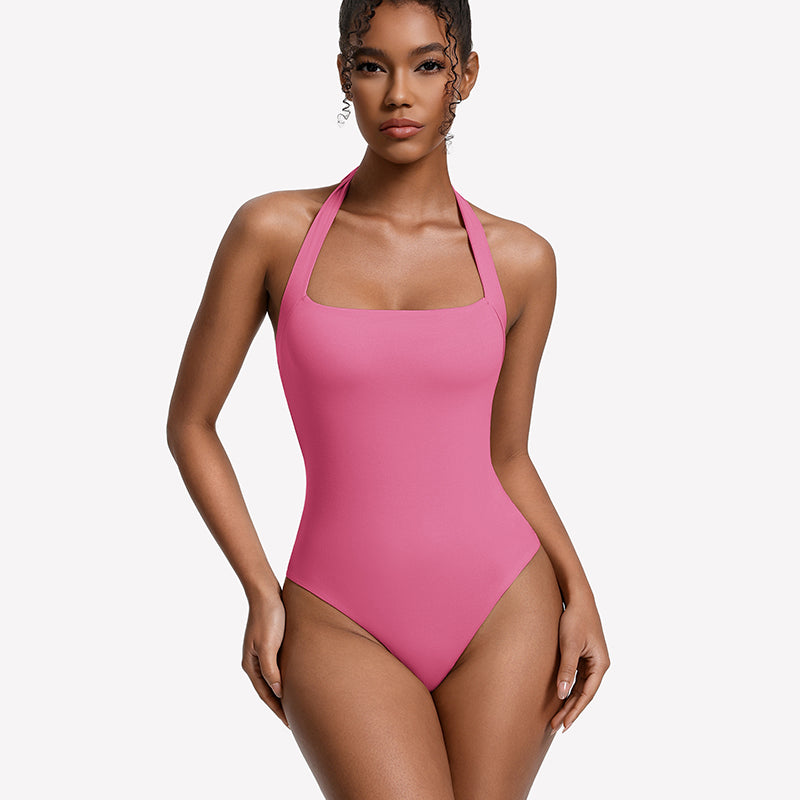 Square-neck halter bodysuit thong, pink double-lined