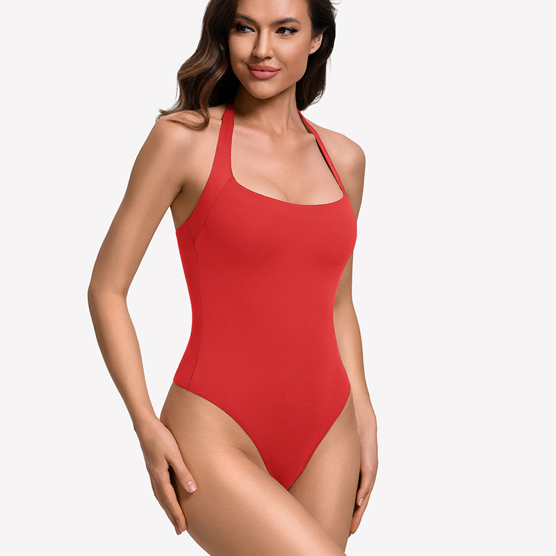 Square-neck halter bodysuit thong, red double-lined