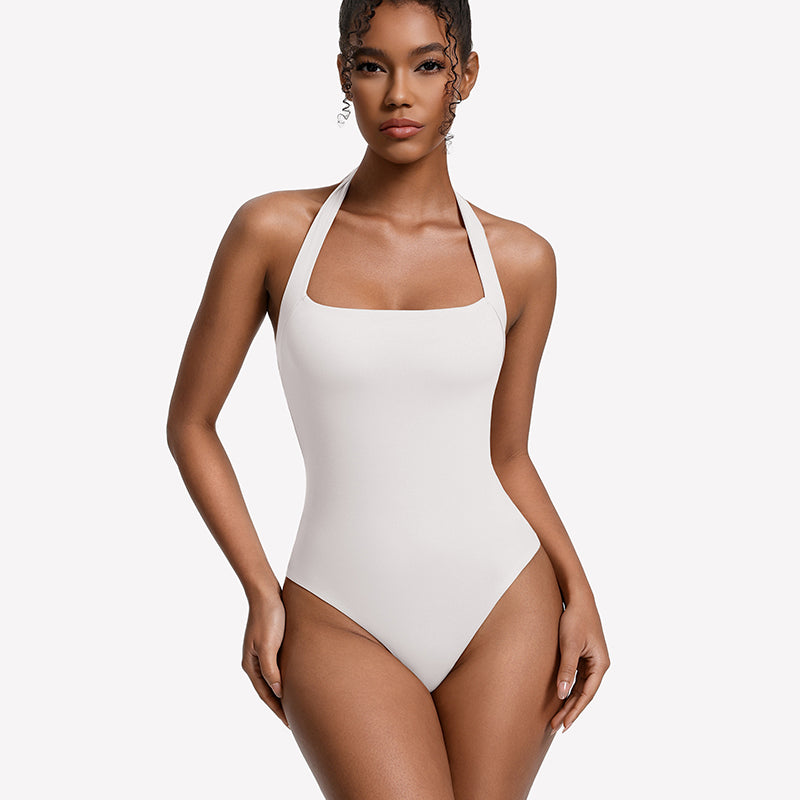 Square-neck halter bodysuit thong, white double-lined