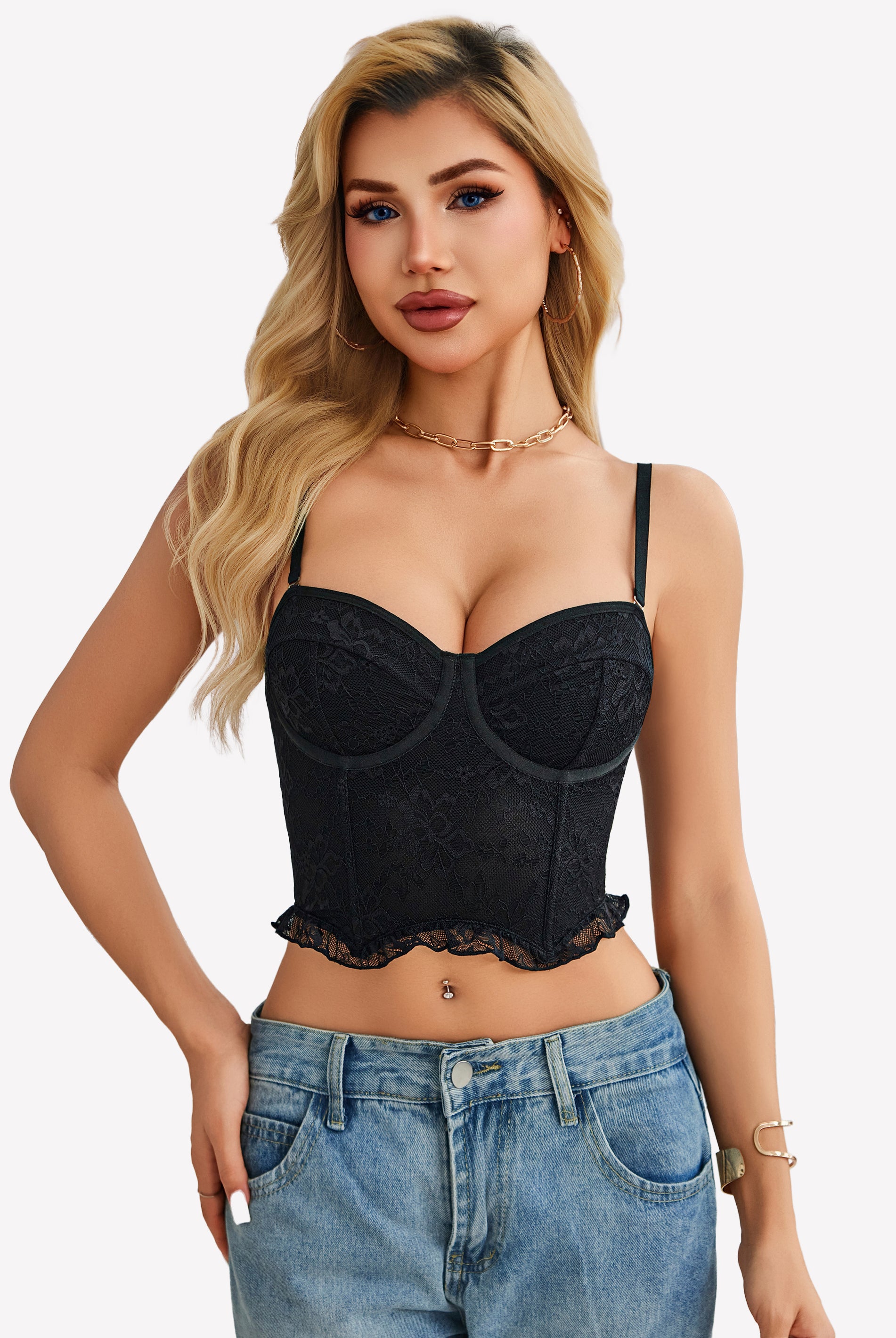 Black lace underwire bustier corset top with adjustable thin straps