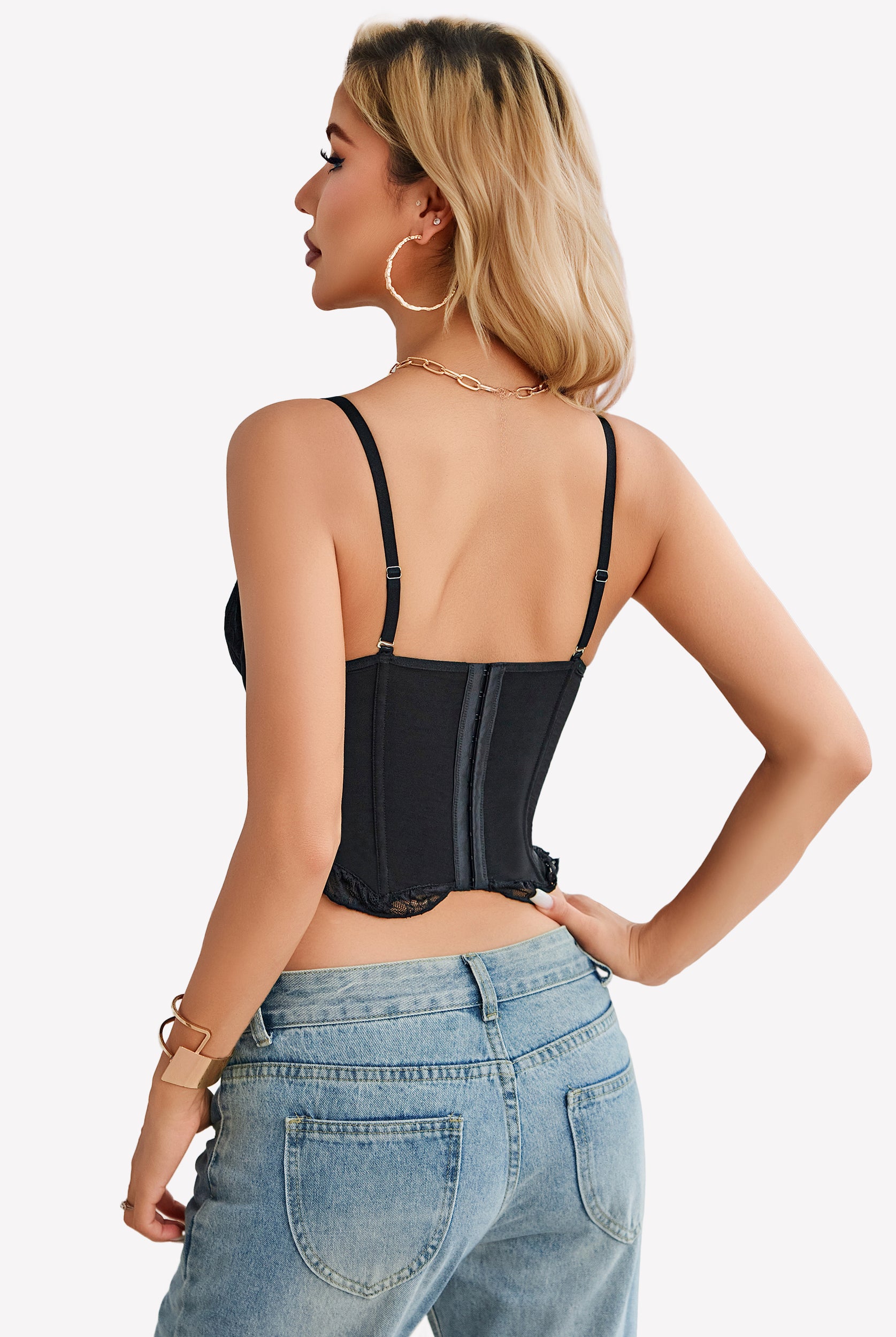 Black lace underwire bustier corset top, open-back style with thin straps