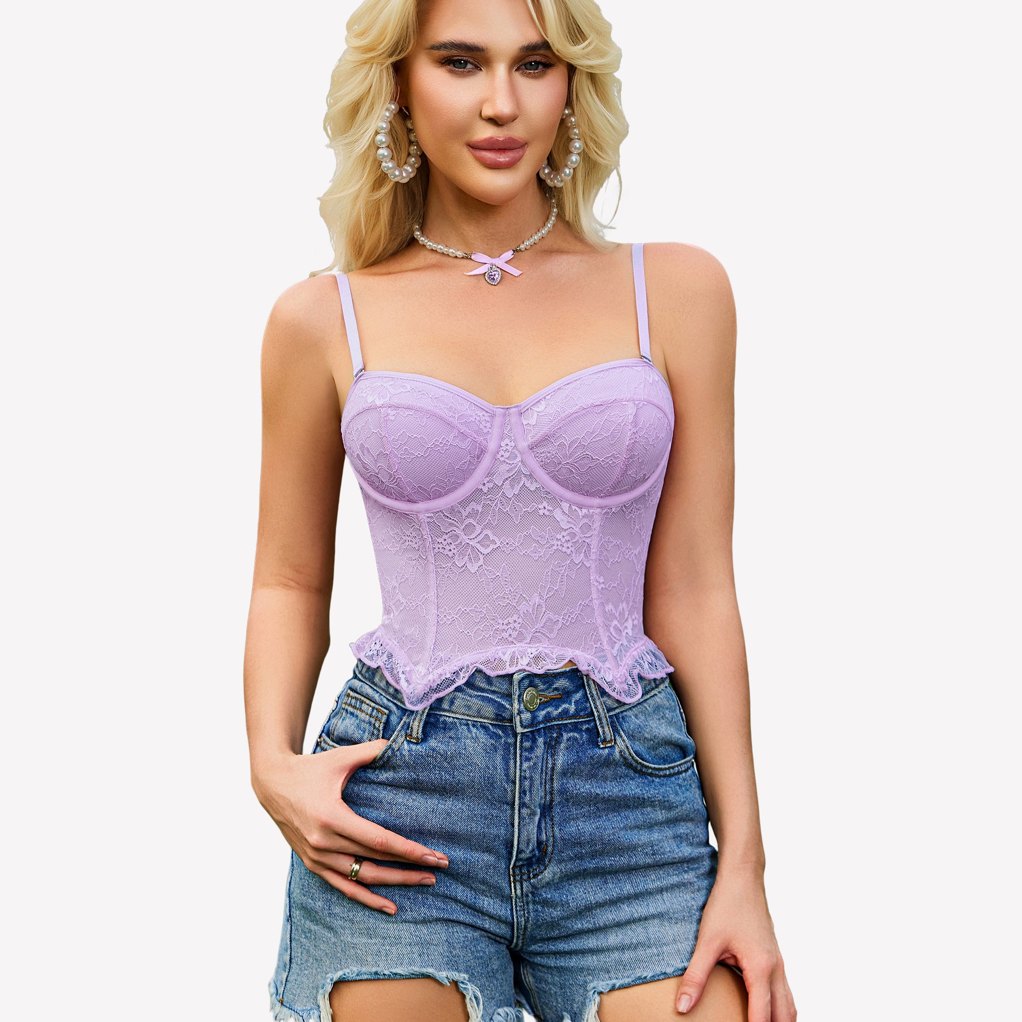 Lilac lace underwire bustier corset top with adjustable thin straps
