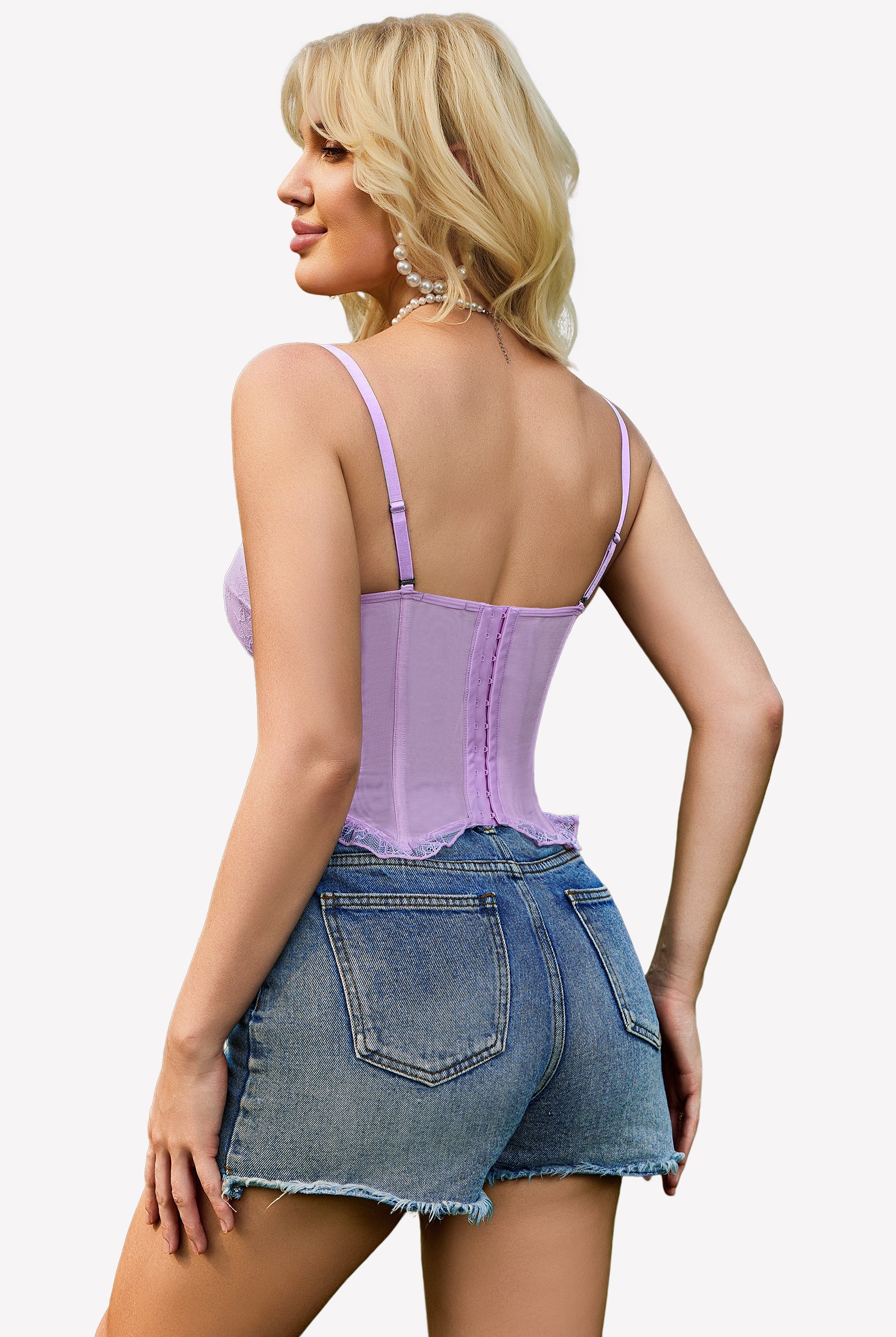 Lilac lace underwire bustier corset top with open back and thin straps